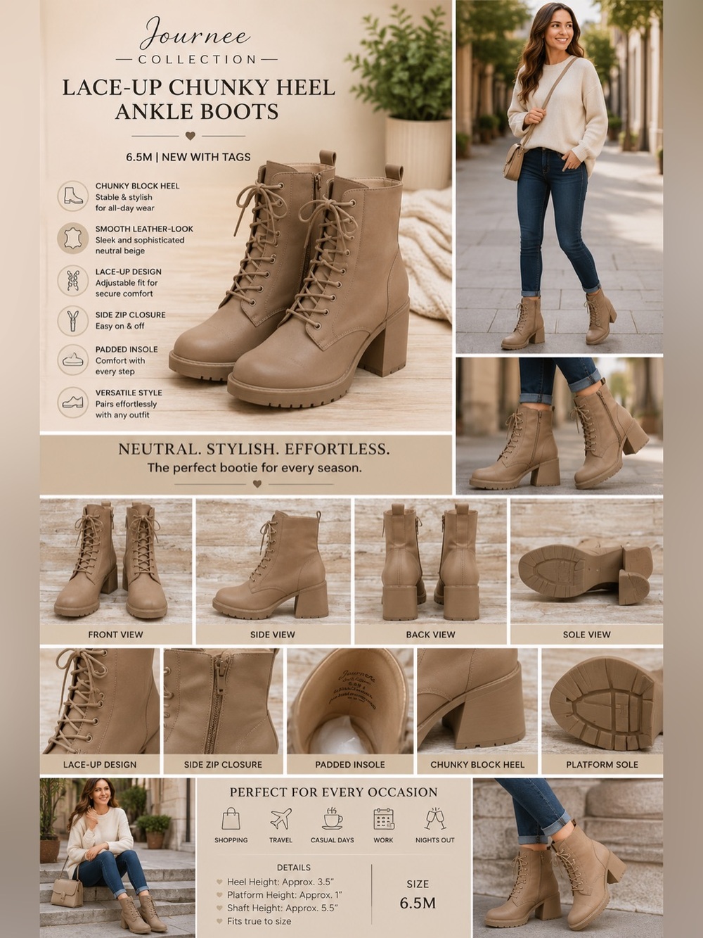 Journee Collection Beige Lace-Up Chunky Heel Ankle Boots 6.5M NEW